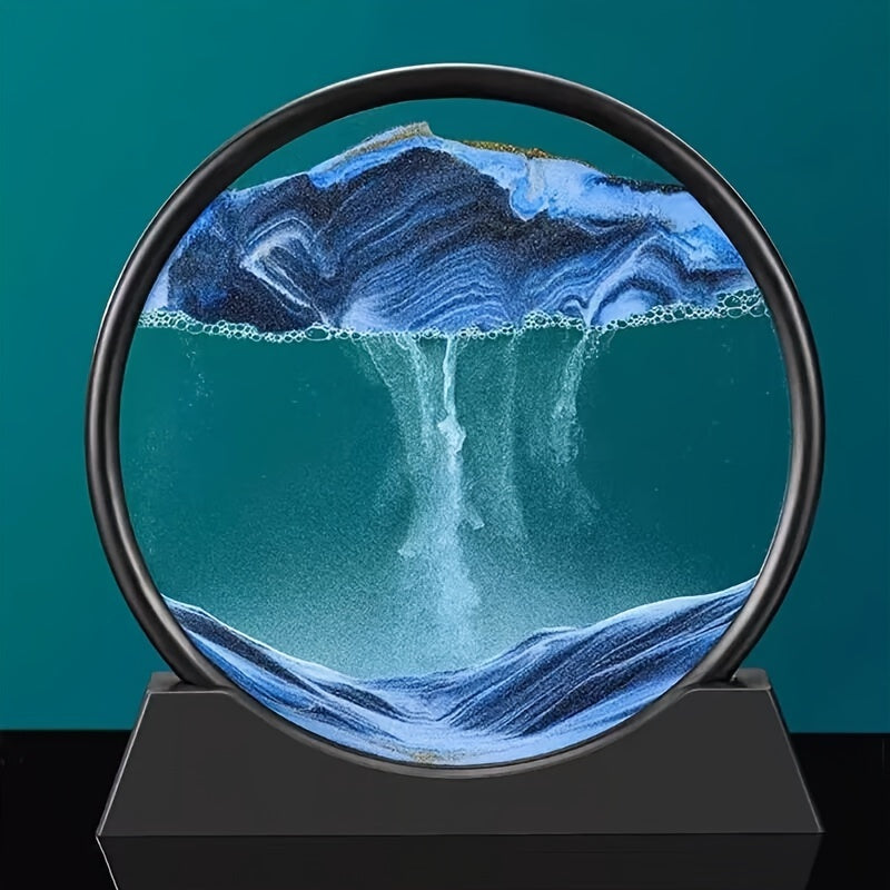 7-inch round glass frame with moving liquid sand picture depicting a 3D deep sea landscapes; no battery required.