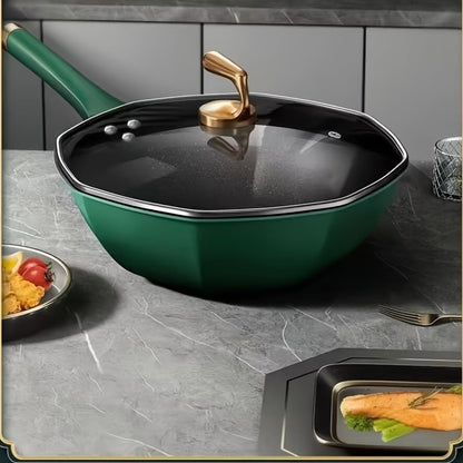 A Nonstick, Antibacterial Cast Iron Wok with Lid for Induction and Gas Stoves - Smokeless Frying Pan with High Durability and Aesthetic Appeal.