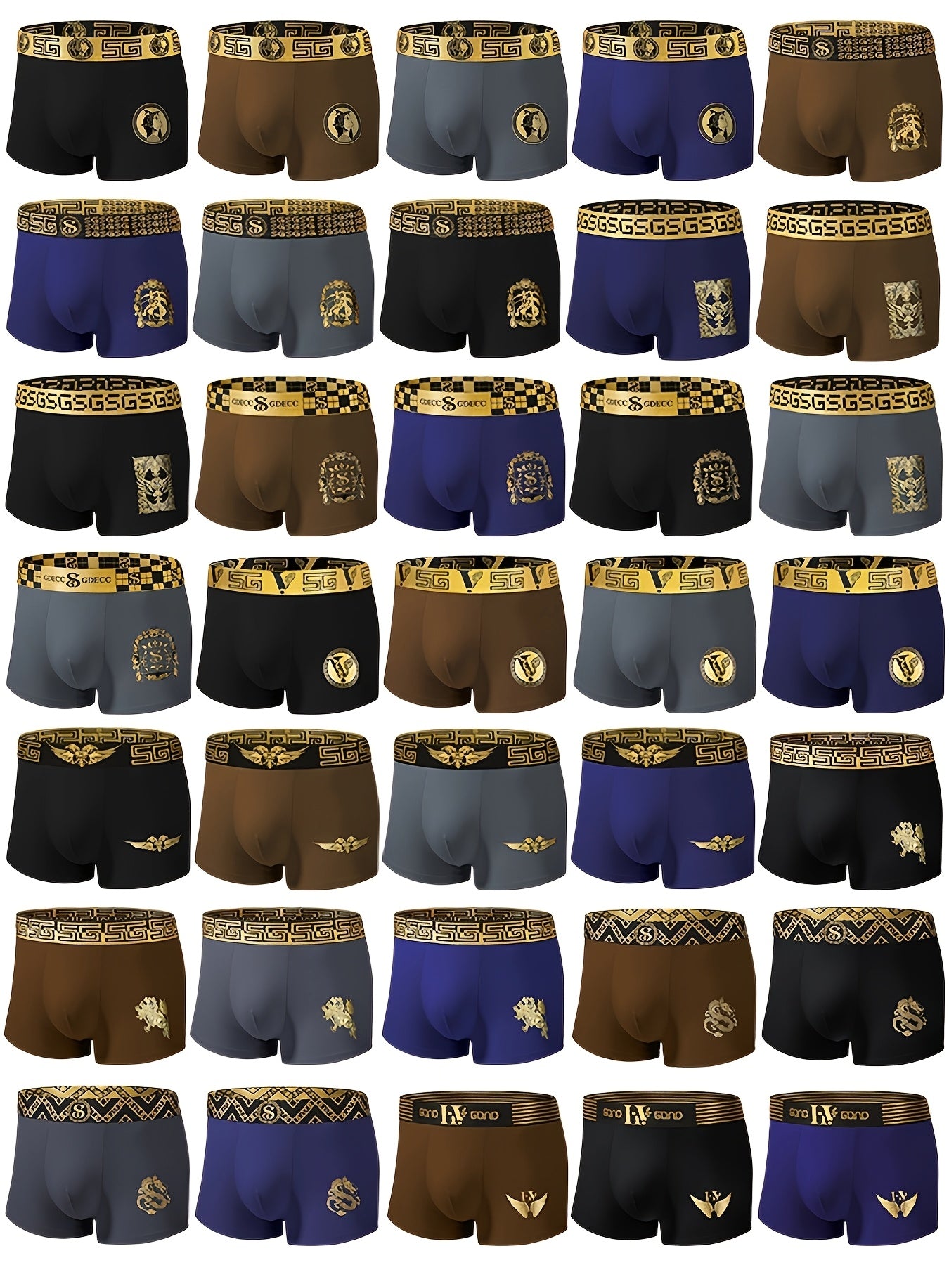 1/5/10pcs of premium black and gold platinum full-print boxer shorts with eagle wings, crowns, chains, and coins design. Comfortable and breathable with moisture-wicking and quick-drying