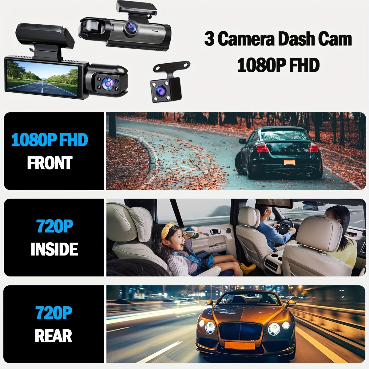 3-channel dashcam with front 1080P, inside 720P, and rear 720P recording capabilities, featuring a rear view DVR, 24-hour parking monitor, and car accessories.