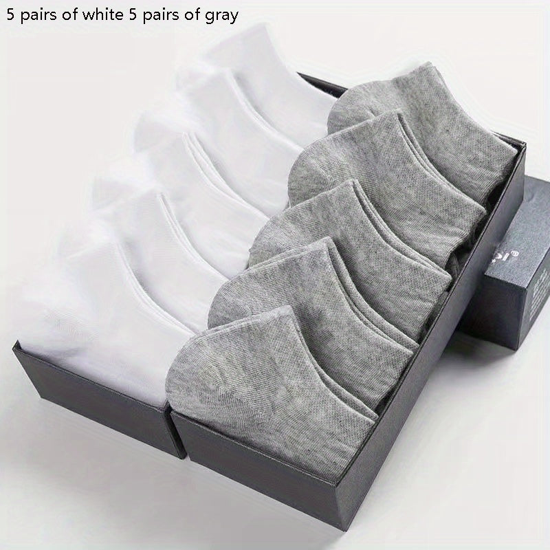 Five pairs of invisible socks for couples in solid colors (black, white, grey), made of breathable thin polyester (95%) and spandex (5%) knit fabric, hand washable, 200g/m².