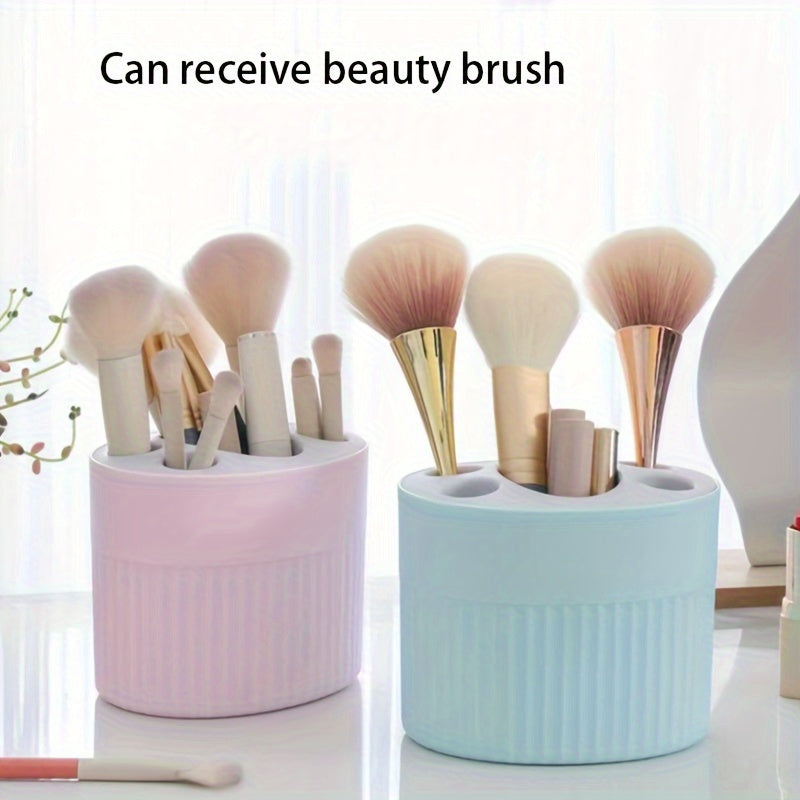 Toothbrush and toothpaste storage rack with detachable shelf for bathroom organization, easy to clean and convenient for makeup brush storage.