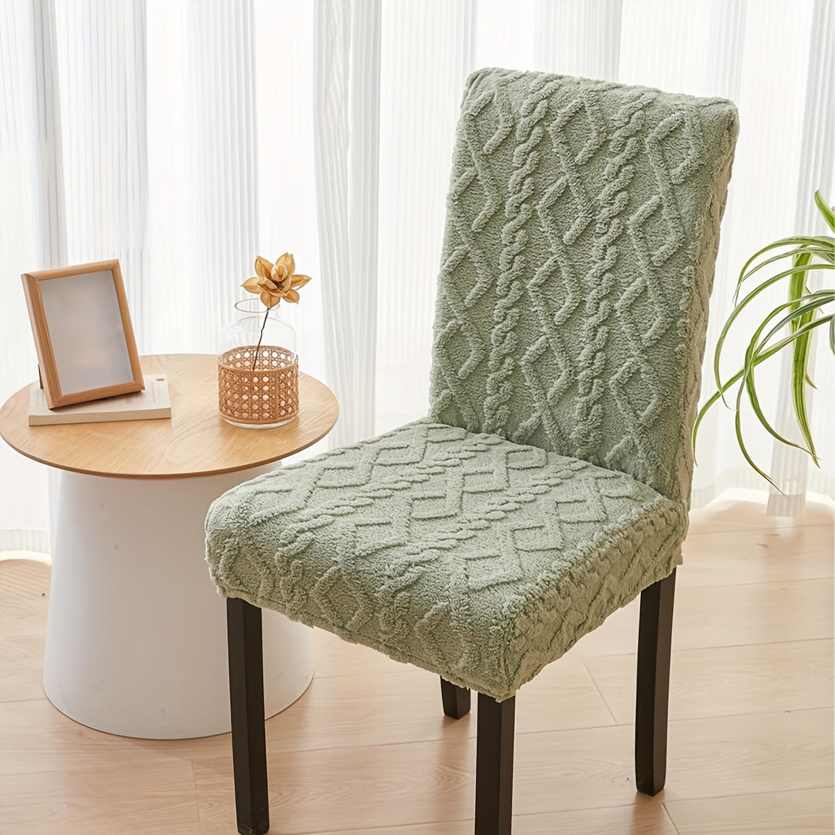 Elastic chair cover with double-sided jacquard design for home decor.