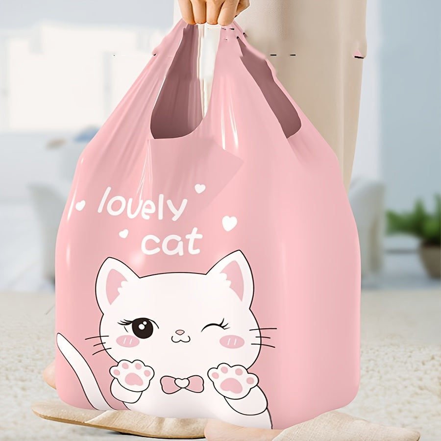 50 adorable pink kitten drawstring trash bags, each holding 15.14 liters and made with extra thick 30μm material. Ideal for use at home or while shopping.