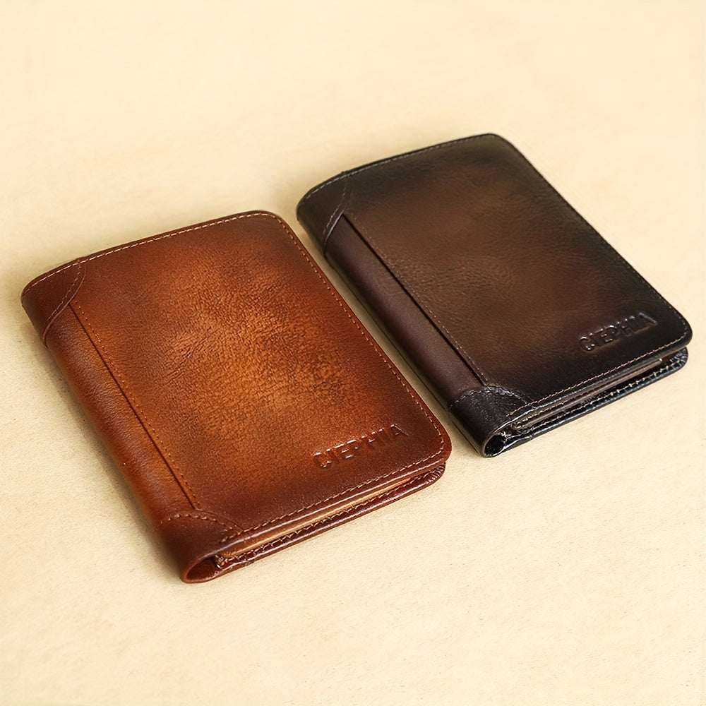 CIEPHIA Vintage Genuine Leather Wallet for Men, RFID Blocking, Deep Brown with Embossed Logo, Ideal Valentine's Day Gift