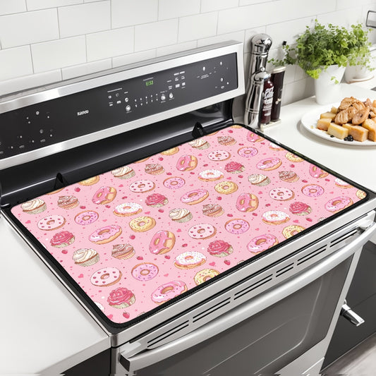 Heat-resistant stovetop cover featuring a fun donut pattern made of durable polyester. This non-slip cooktop protector mat is safe for glass ceramic stovetops and also doubles as a rubber anti-scratch ironing pad. A versatile kitchen accessory that adds