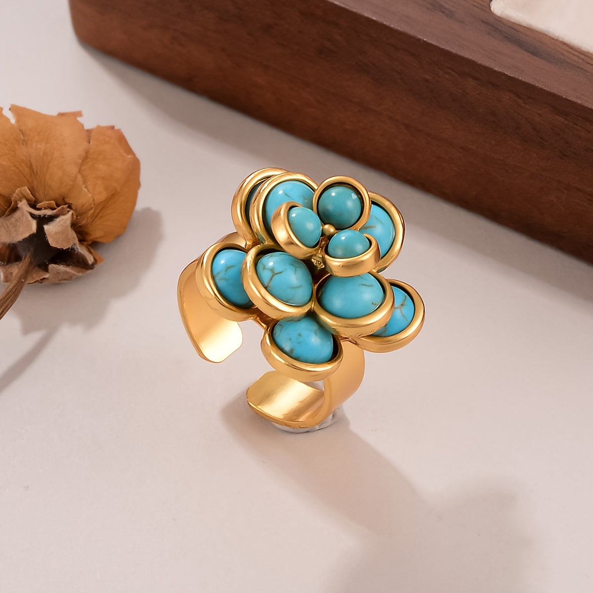 Unique Vintage Boho Style Ring with Turquoise Inlay and 18K Gold Plating - Perfect for Daily Wear and Gifting, Suitable for All Seasons - Women's Ring with One-of-a-Kind Design