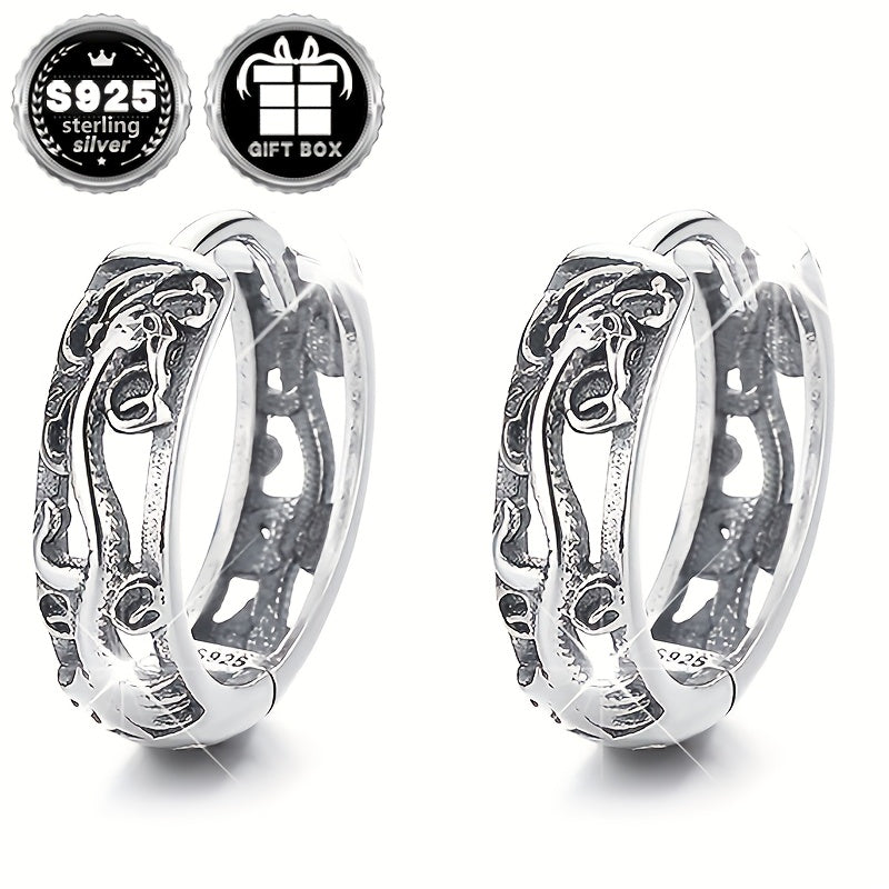 Dragon Zodiac Textured Hoop Earrings made of Hypoallergenic S925 Sterling Silver, featuring a Hollow design with an Artsy Ethnic Chinese Totem. Unisex Style, Lightweight Ear Jewelry weighing 2.9g/0.1oz