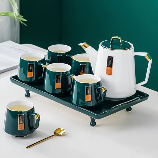 Stylish Nordic Ceramic Tea Set - Comes with Kettle, Cups & Tray - Suitable for Home, Office, and Restaurant - Handwashing Recommended