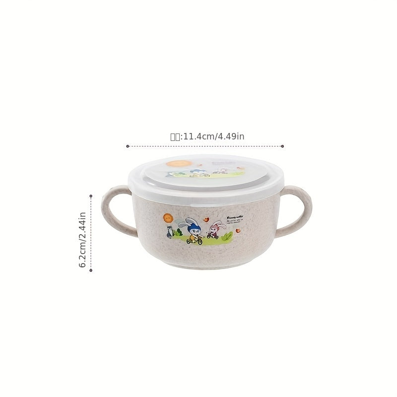 Cartoon-themed bowl with cutlery, insulated to prevent spills, featuring double handles and a lid. This versatile eating bowl is microwavable and perfect for serving fruits or snacks.