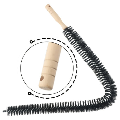 The radiator cleaner brush with a wooden handle and nylon bristles is a versatile tool with a 70cm/75cm metal body for effective dust and lint removal. It is perfect for cleaning vents, air conditioners, outdoor sinks, washers, dryers, refrigerators