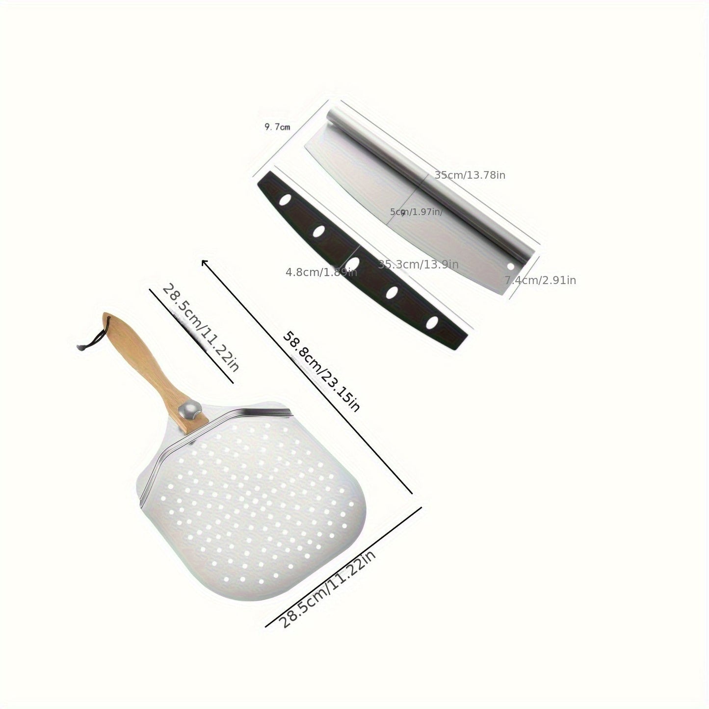 Pizza tools set made of top-grade stainless steel 304, including pizza shell, wooden handle pizza crust, spatula, and knife, suitable for both indoor and outdoor ovens.