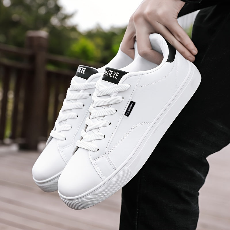 Men's casual skate shoes with solid color, low top lace-up design, PU upper, fabric lining, EVA insole, and rubber sole. Versatile for spring/summer and fall, suitable for casual wear.