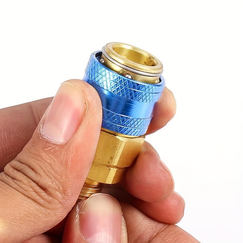 2 pieces of AC R134A quick coupler connector adapters with high and low manifold fittings. These brass adapters are suitable for air conditioning refrigerant systems.