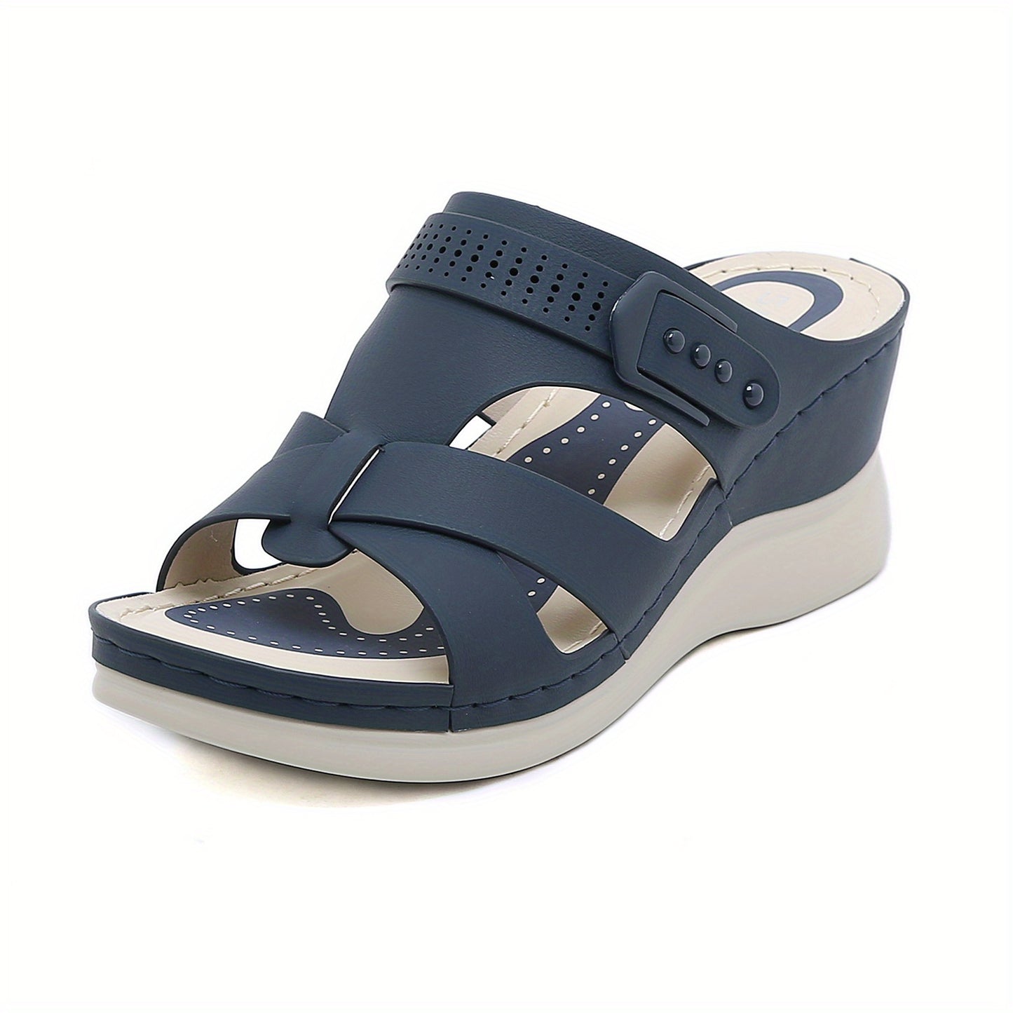 Women's wedge slide sandals with open toe cross strap, slip-on design for casual outdoor wear.