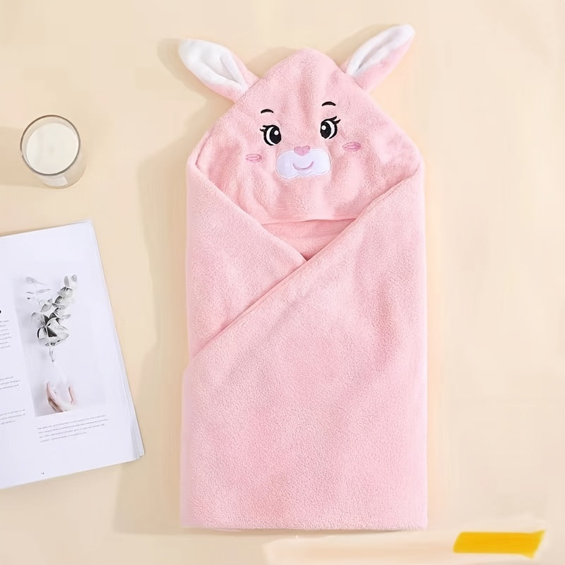 Soft coral fleece hooded towel for kids with cute cartoon design - Absorbent and skin-friendly, suitable for swimming and bathing.