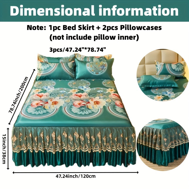 Jacquard Bed Skirt Set with Pillowcases, featuring a charming Lace Hem and Floral Pattern. Made of Soft and Comfortable 100% Polyester, this set is machine washable for easy care. Available in Contemporary Style with a Woven Fabric design, weighing 120g.