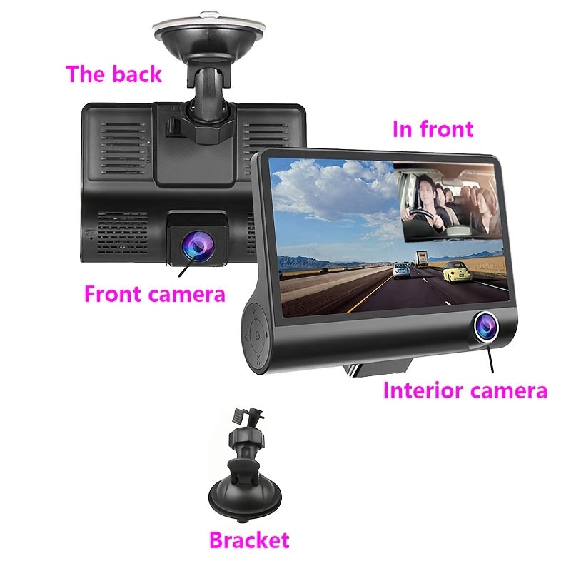 Dual dash cam with front and rear HD night vision, interior camera, suction mount, 720p video, push button control, rechargeable battery, universal driving position, laptop compatible.