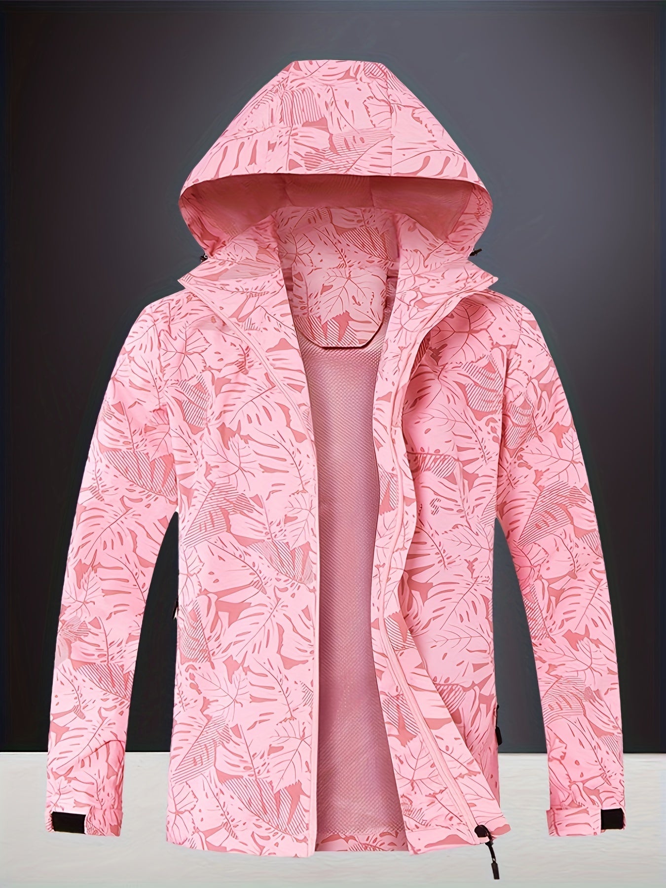 Women's outdoor sports jacket with water-resistant and windproof features, detachable hood, and zipper closure.