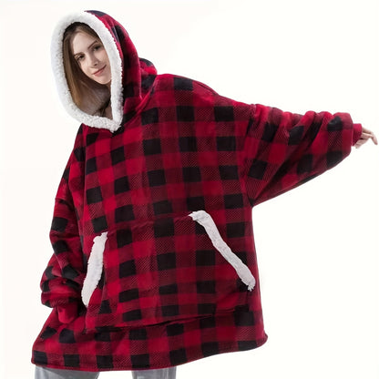 A cozy wearable blanket with a big pocket, perfect for giving as a Christmas gift to men and women. It is super soft, warm, and comfortable.