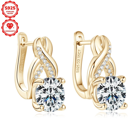 Get yourself a stunning pair of Moissanite earrings designed for women featuring infinite elements. These 925 pure silvery earrings have 8mm round Moissanite stones, perfect for weddings and parties. The earrings weigh about 4.89g and each one showcases