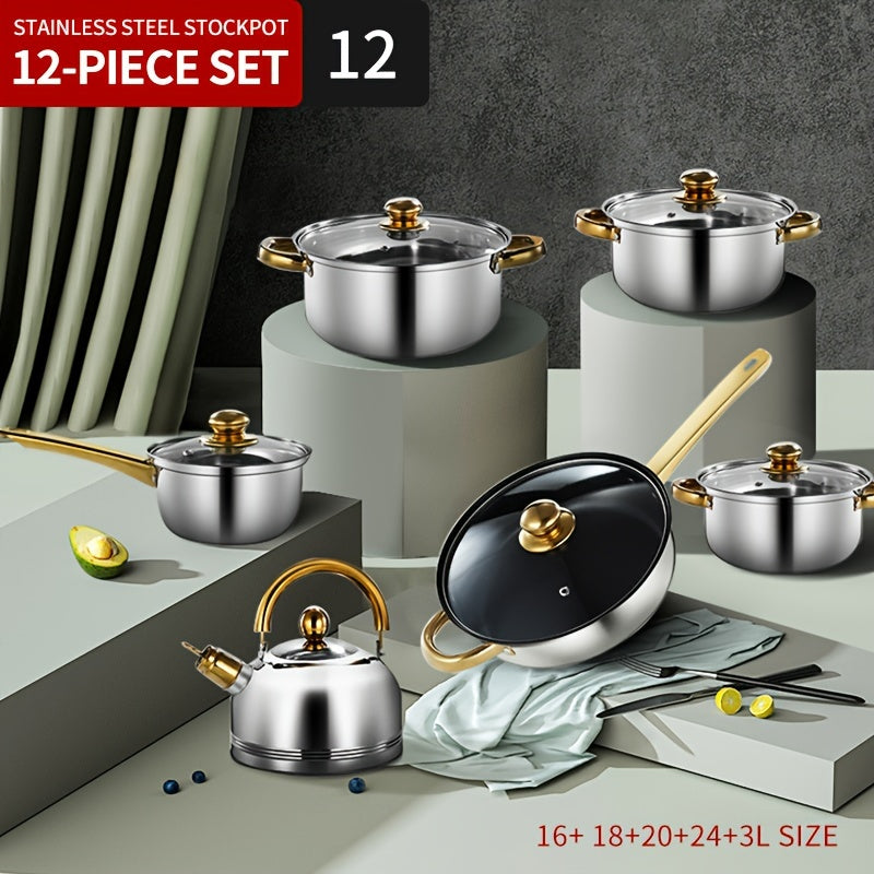 Stylish 12-Piece Stainless Steel Cookware Set includes Kitchen Pots and Pans with Lids, Soup Pot, Saucepan, and Water Kettle. Durable Finish and Southeast Asian Style make this a must-have for your Kitchen Essentials.