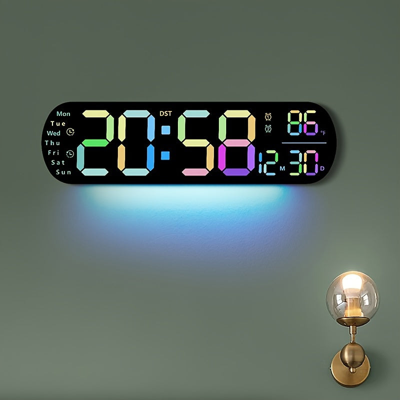 Multifunctional LED wall clock with remote control. Features dual alarm, date and week display, auto-dimmable brightness, 12/24H format, and USB powered. Includes night light and ideal for