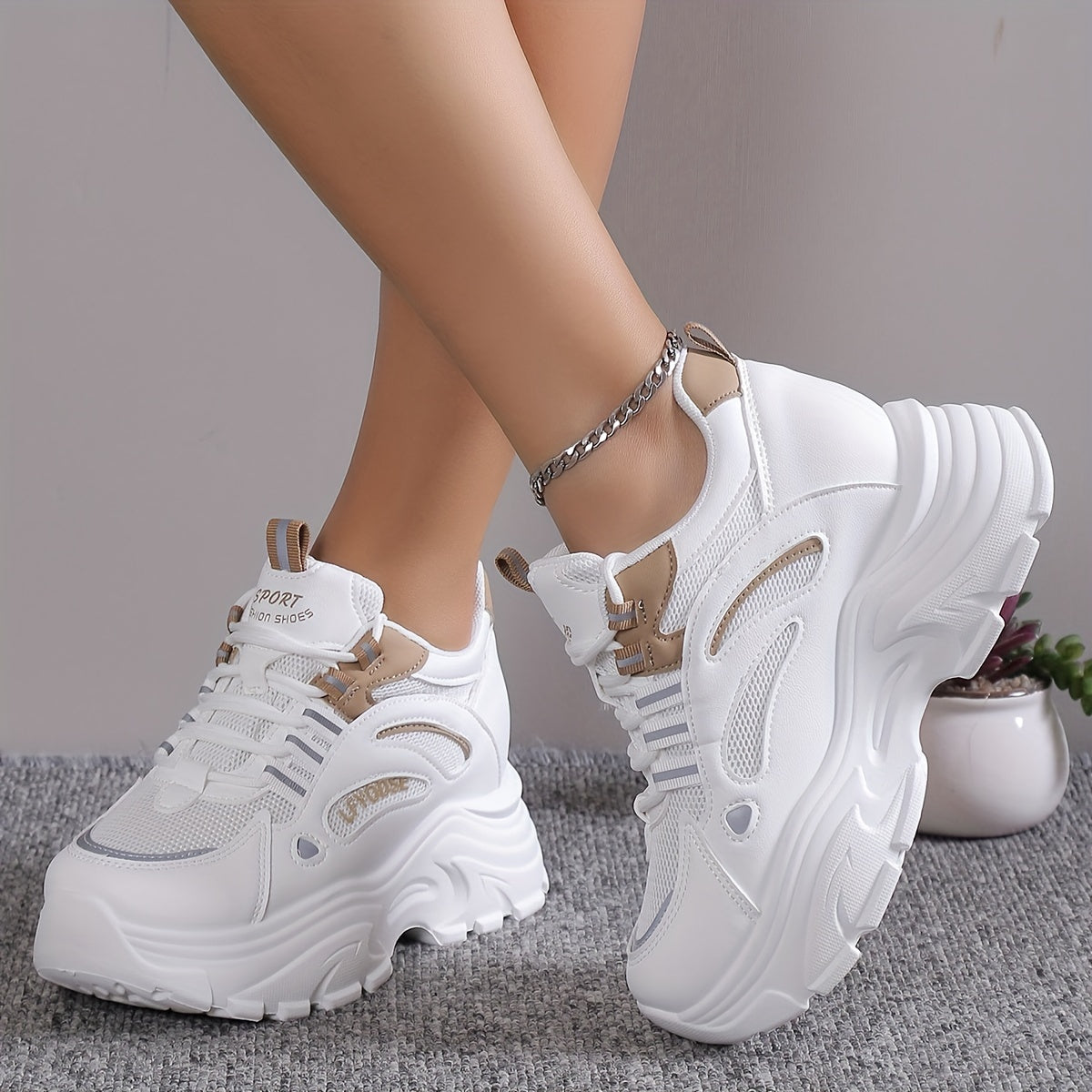 Women's solid color mesh sneakers with lace-up low-top design, round toe, heightening thick sole, and versatile comfort.