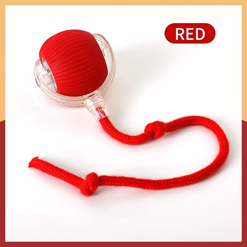 TOOP USB Rechargeable Interactive Cat Toy Ball with Tassel Stick - Automatic Self-Rotating Silicone Teaser for Indoor Cats, Red Ribbon Design for Playful Training and Exercise.