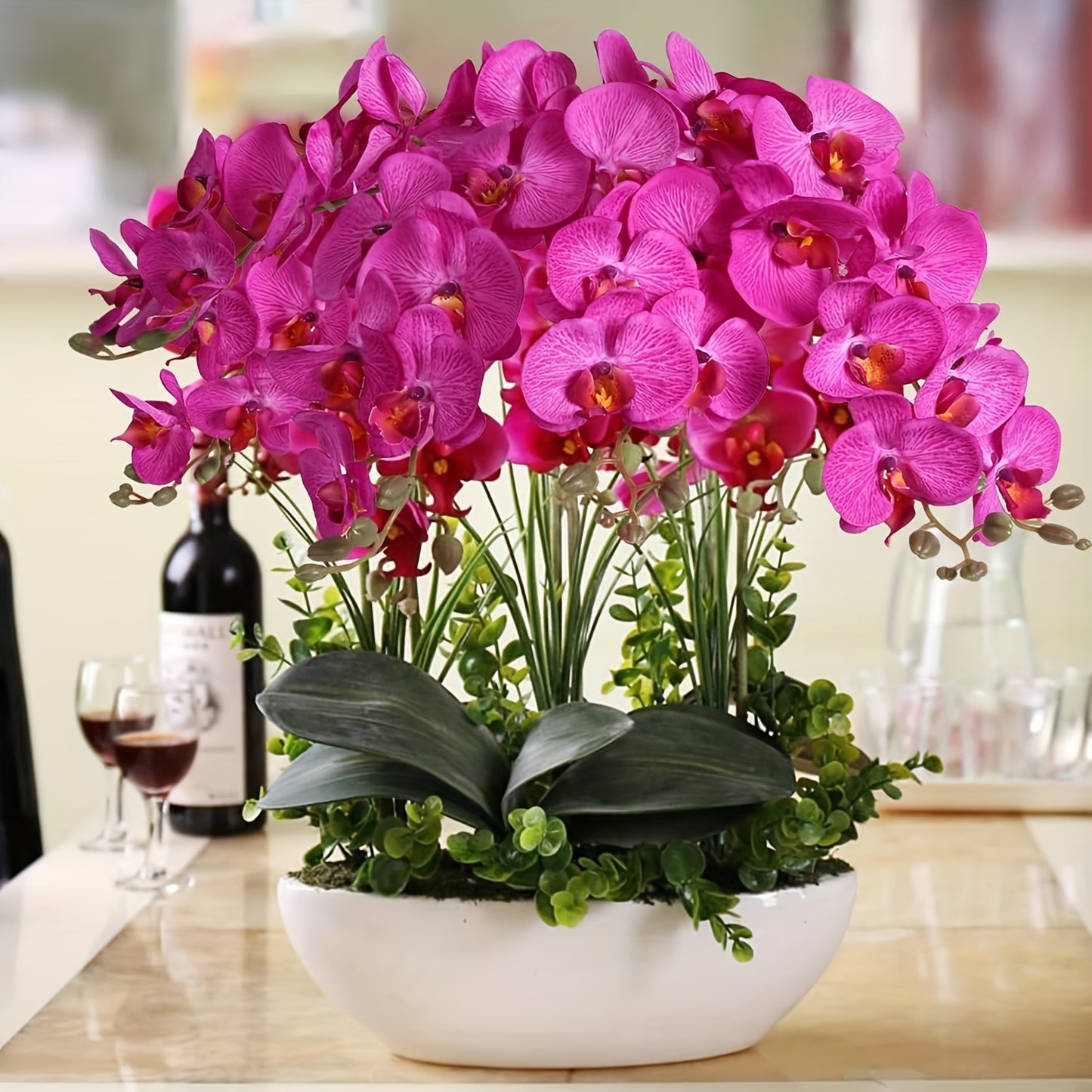 68.58cm vibrant purple red latex orchid with long stem. Perfect for weddings, home decor, and parties. Ideal for high vases, tabletops, and seasonal displays. Great decorative accessory.