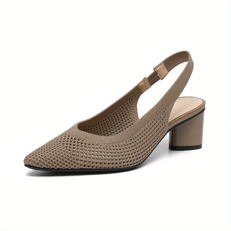 Chunky heeled knitted sandals for women, featuring a solid color pointed toe, elastic strap, and breathable slingback design.