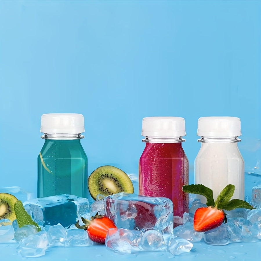 10 square plastic juice bottles with leak-proof caps, hand wash only, PVC-free, ideal for smoothies and juicing.