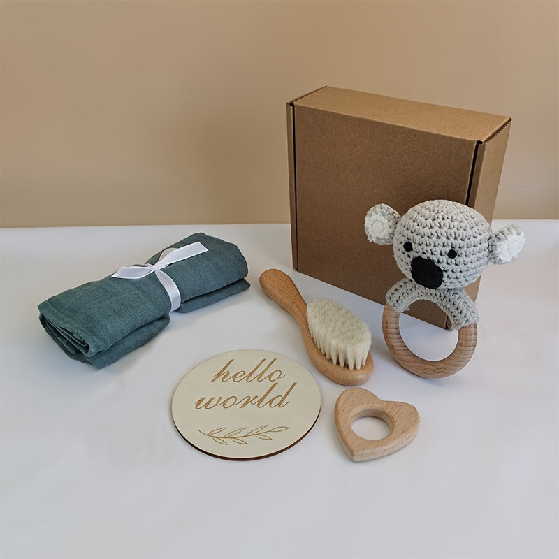 Artisanal Children's Gift Set - Luxuriously Soft Bamboo Towel, Gentle Goat Hair Brush & Adorable Beechwood Koala Rattle with Personalized 'Hello World' Card - Ideal Baby Shower Keepsake