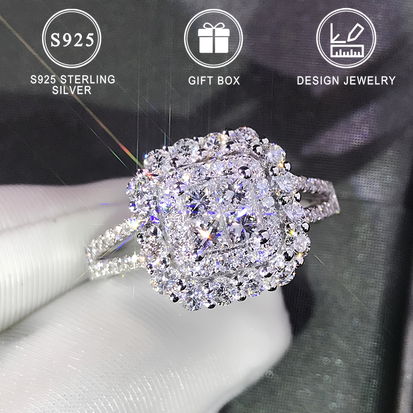 925 Sterling Silver Square Synthetic Zirconia Ring for Women, ideal for engagement, wedding, or everyday wear. High-quality jewelry with a gift box.