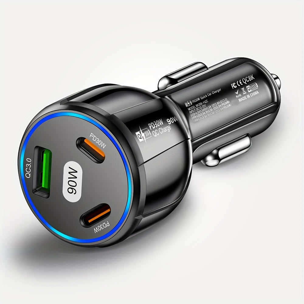 90W car charger with USB Type C PD and Quick Charger 3.0 for fast charging.