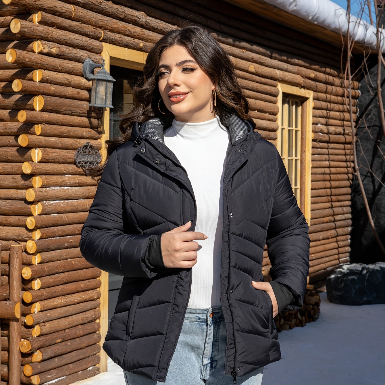 Plus size women's hooded jacket made of 100% polyester with solid color, perfect for fall/winter. Features pockets and windproof design.