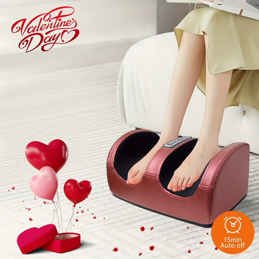 Red foot massager with heating function and multiple massage modes, family-friendly design for feet, 220V plug-powered with thermoplastic elastomer material.