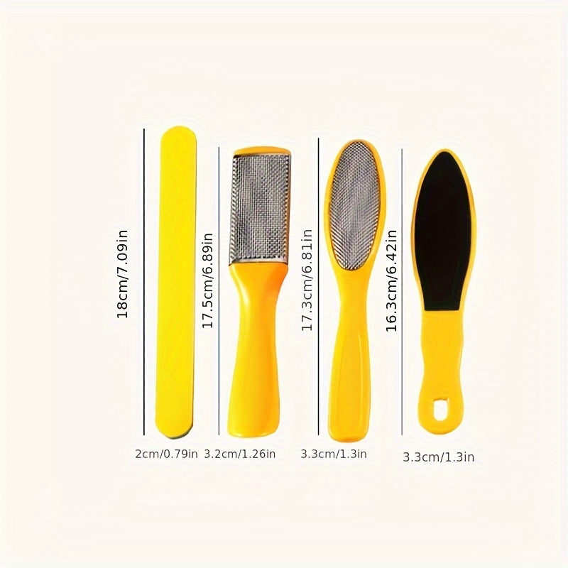 Yellow plastic pedicure set includes callus remover, file, and scraper for smooth skin without batteries or odor.