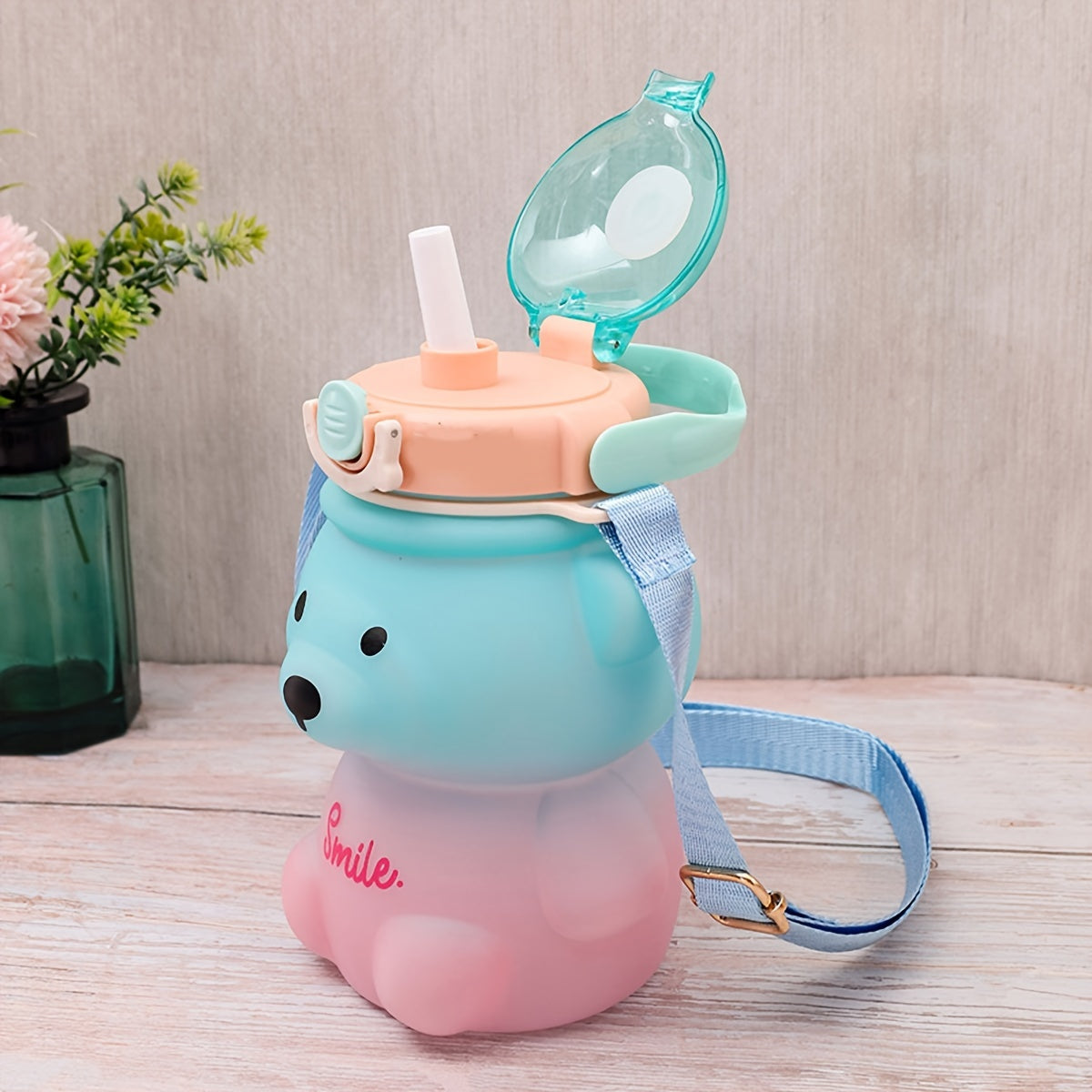 1000ml Transparent Bear Water Bottle with Straws, Backpack, and Handle; Hand wash only, PC Material, Leak-proof, PVC-free.