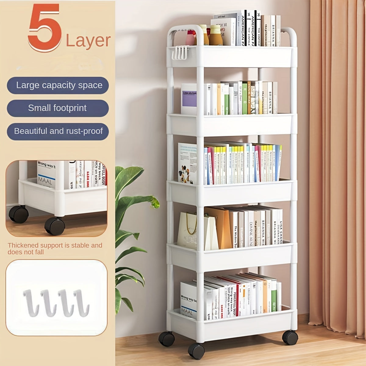 Multi-purpose Rolling Cart with Wheels - Ideal for Storing Snacks, Books & Essentials in Bedroom, Living Room, or Bathroom