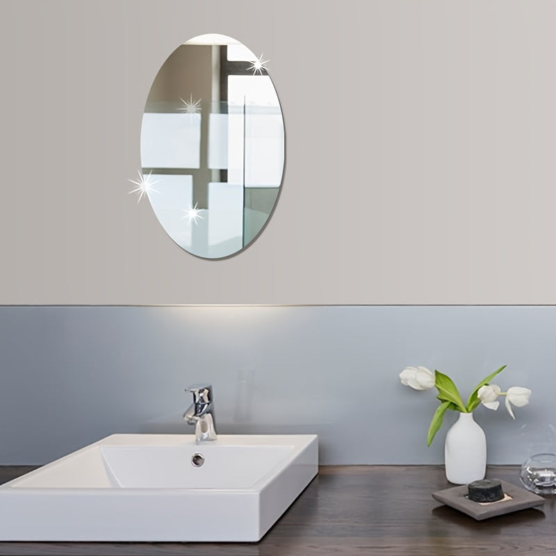 Oval acrylic mirror wall sticker, self-adhesive and removable, ideal for bathroom, living room, kitchen and more.