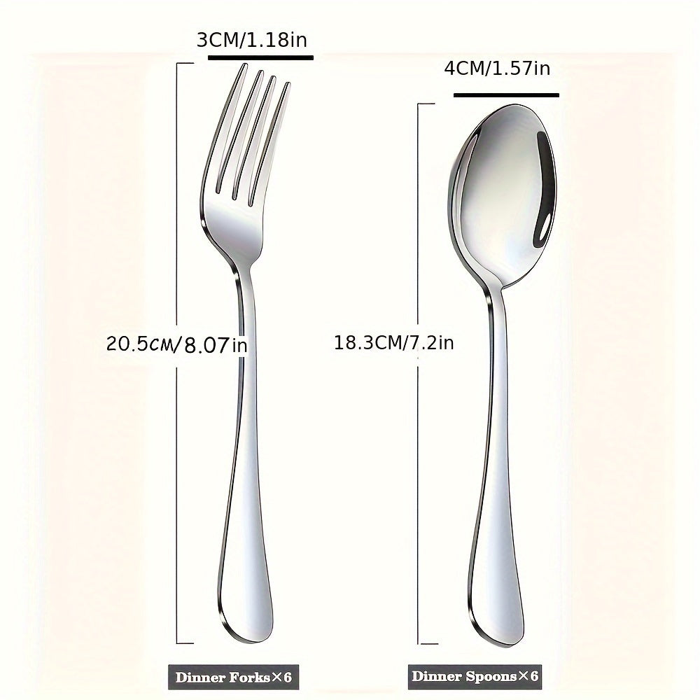 Set includes: 2 pieces - 1 fork and 1 spoon / 6 pieces - 6 forks and 6 spoons. Features salad forks and dinner spoons, mirror polished finish. Safe for dishwasher. Ideal for home, restaurants, and parties.