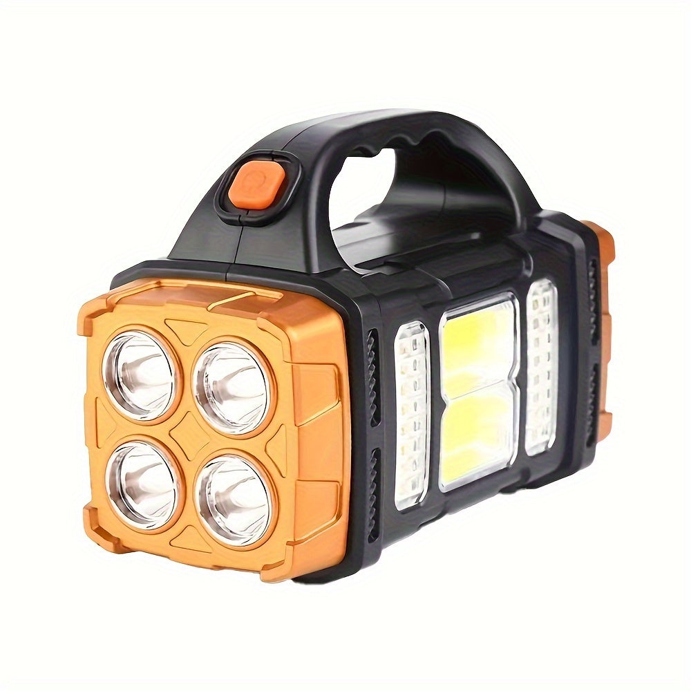 Portable lantern with emergency lighting for camping and fishing, can be recharged with solar or USB.