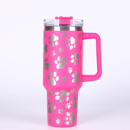 Insulated stainless steel tumbler with cat paw pattern, 40 oz. Double wall vacuum cup with lid and handle. Great for car travel and daily use. Perfect gift for cat lovers.