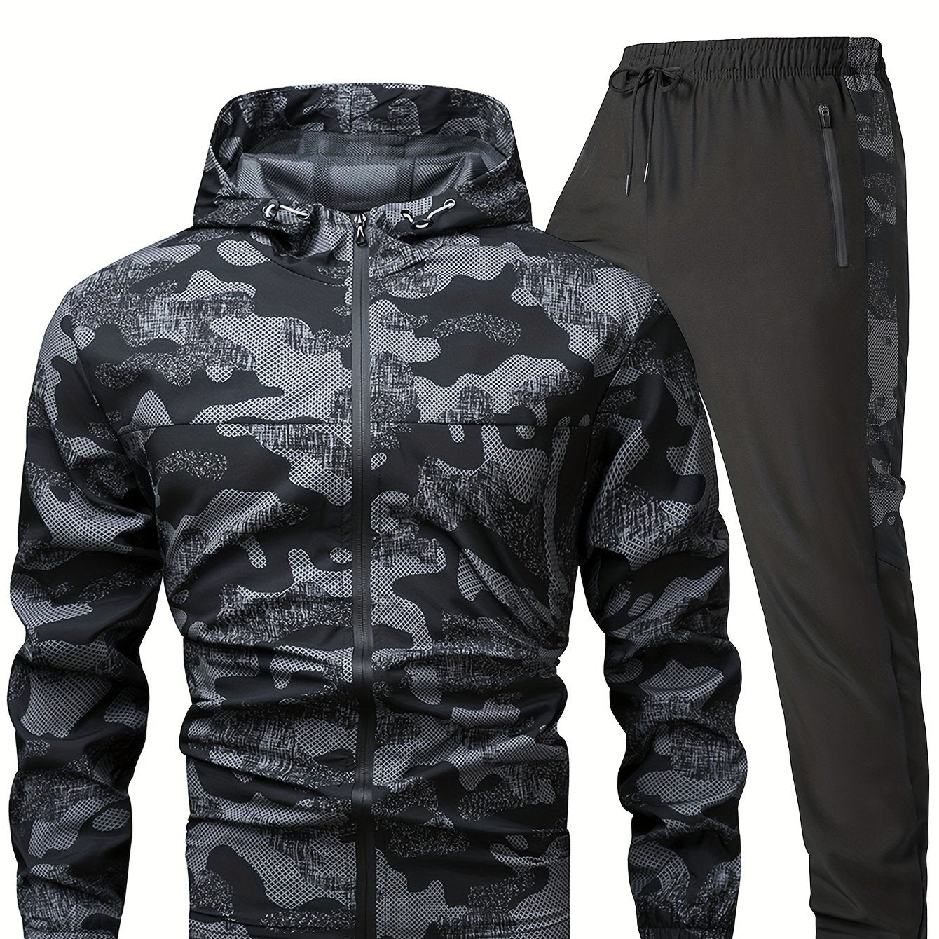 Men's Camo Windproof Athletic Set - All-Season Sports Hooded Jacket & Pants, Quick-Dry, Breathable, Reflective, Full-Zip Gym Suit with Slight Stretch, Polyester & Elastane, Outdoor Fitness