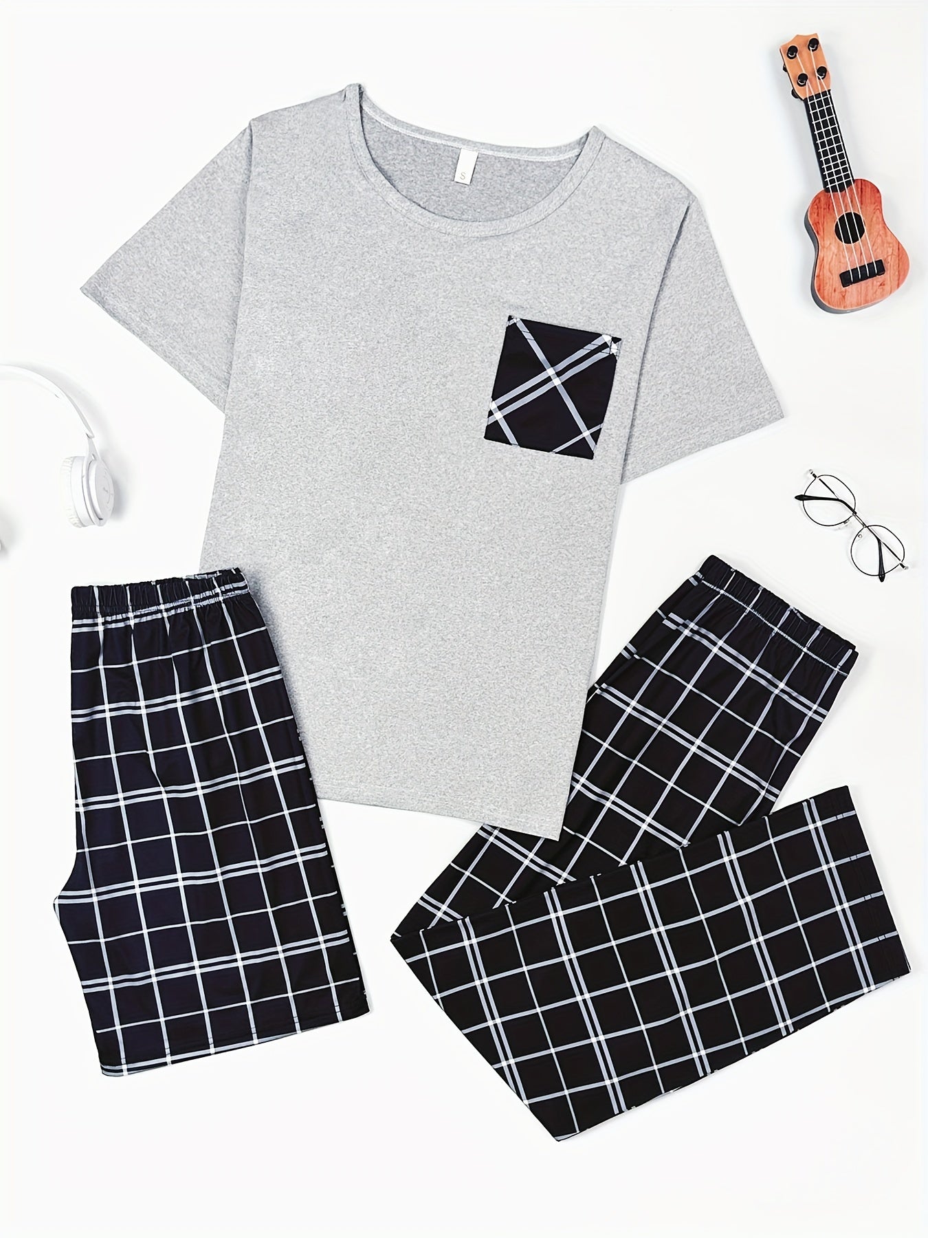 Men's plaid sleepwear set with crew neck t-shirt, long pants, and shorts in comfortable polyester fabric with slight stretch. All season loungewear.