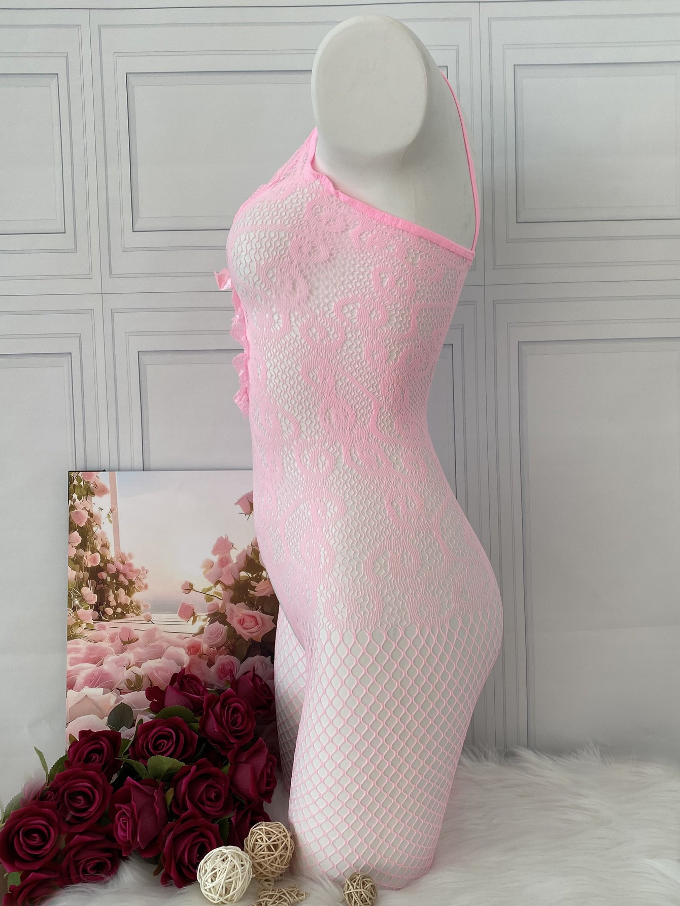 Sexy Jacquard Knit Bodysuit for Women - Fishnet design with front bow detail, open crotch lingerie for intimate nights and special occasions