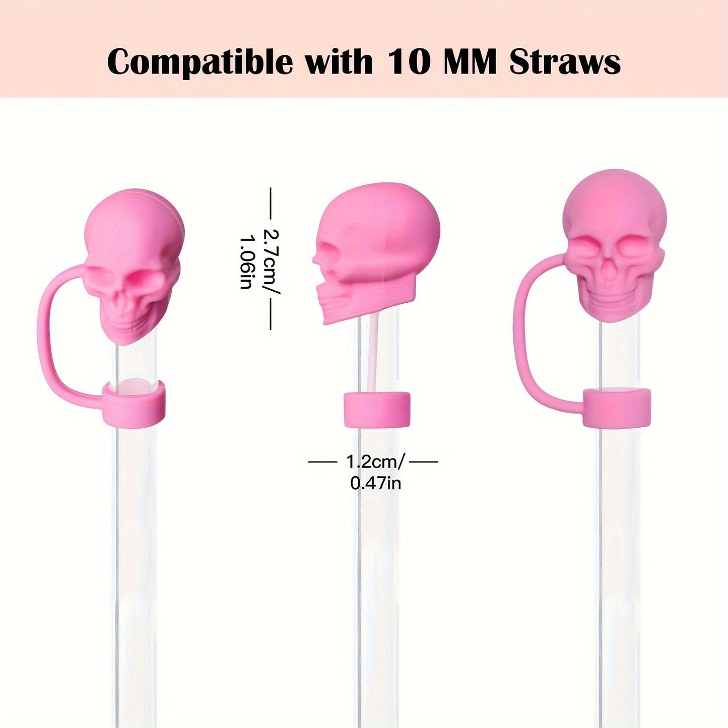 These adorable silicone skull-designed straw caps are designed for Stanley Cups and come in a set of 3/6. Each cap fits 10mm straw heads, is dustproof, and can be reused. They make perfect gifts for Halloween and Christmas.