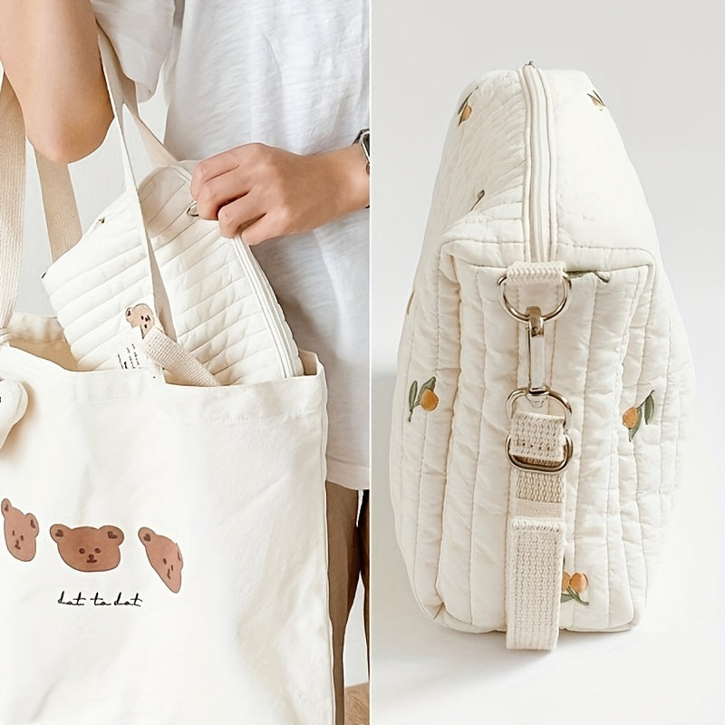 Bear Mommy Bag, a Multifunctional Quilted Stroller Hanging Bag with Cute Embroidery, made from Cotton and offers Portable Storage Solution.