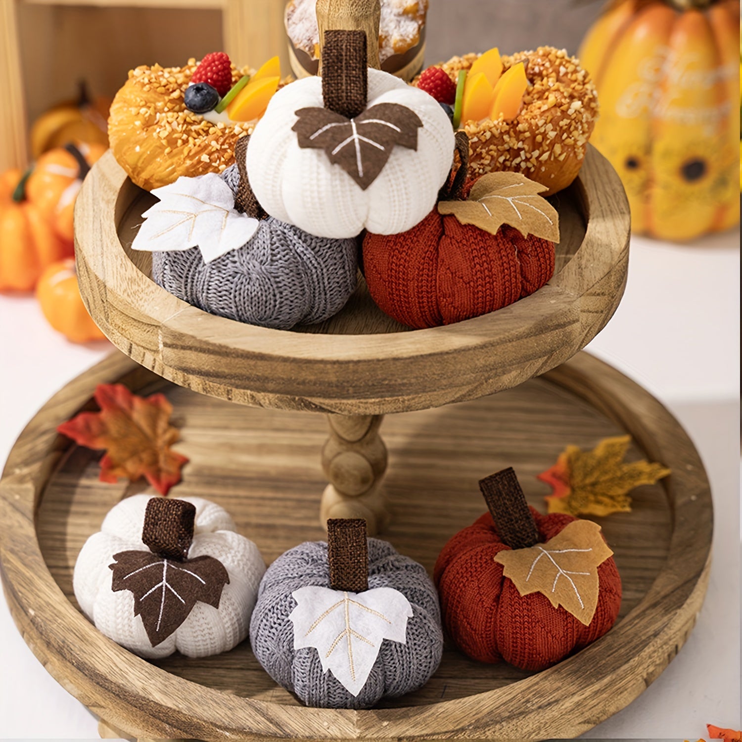 3-piece knitted fabric pumpkins set for tabletop decor, perfect for fall and Thanksgiving